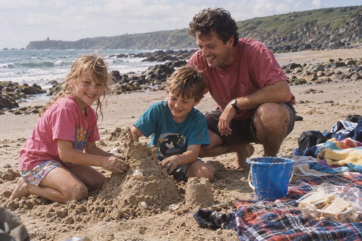 Fictional 1998 snapshot of a father and two children making a sandcastle